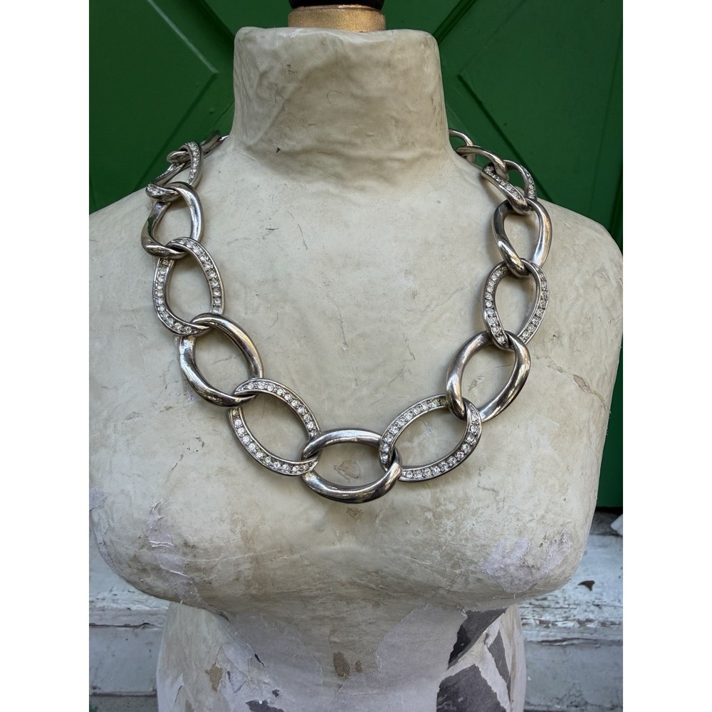 Rhinestone Silver Tone Chunky Chain Link Necklace with Extender Glam Edgy Event - Picture 2 of 9